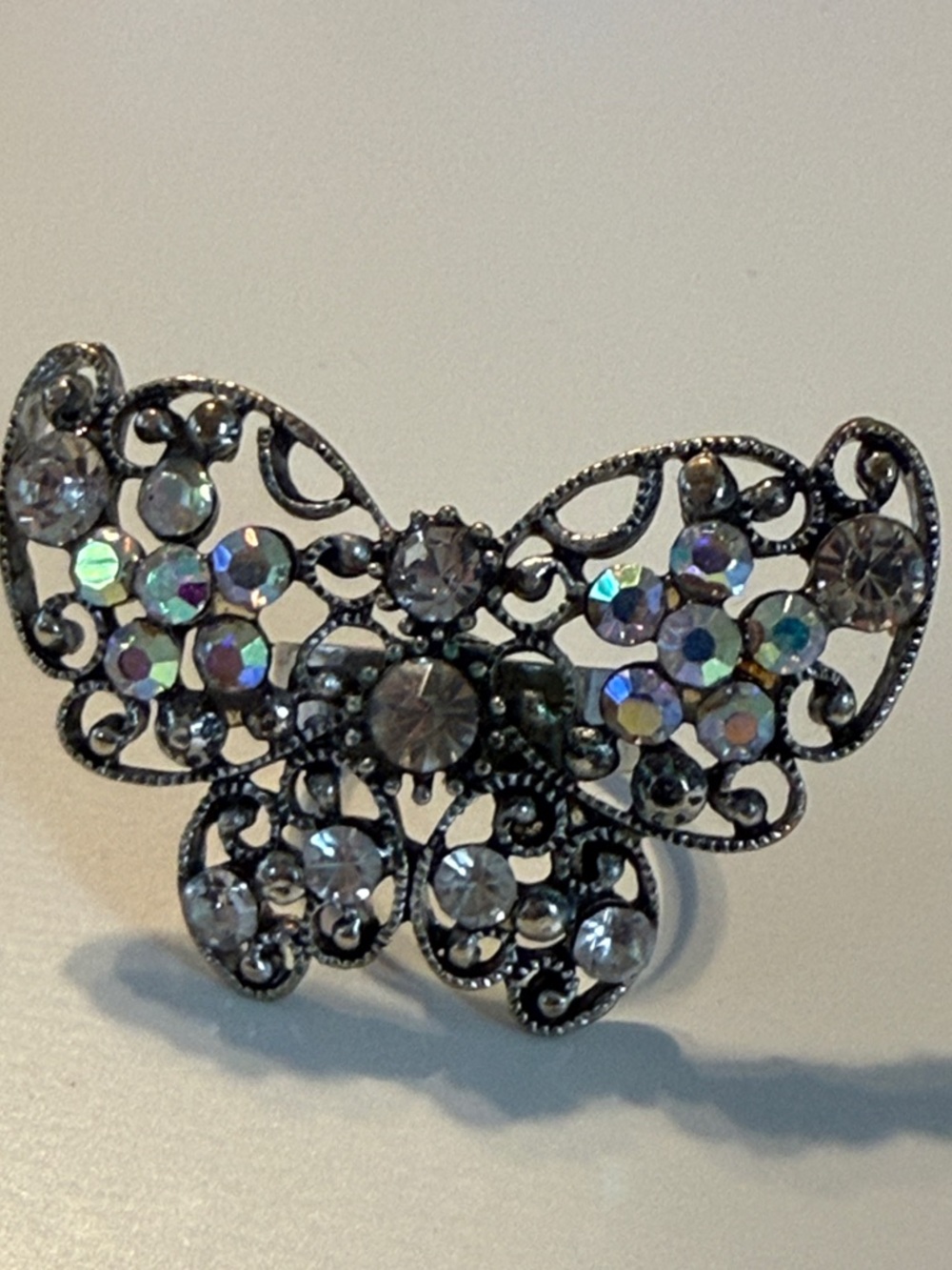 Vintage Adjustable Butterfly Statement Silver Tone Aurora Borealis Ring